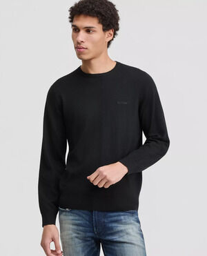 NWT GUESS Mens Sweater XXL Jet Black Logo Crewneck Lightweight Knit Long Sleeve